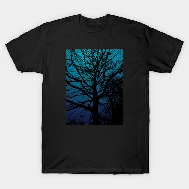 Tree silhouette on blue gradient background in the evening T-Shirt by Blacklinesw9